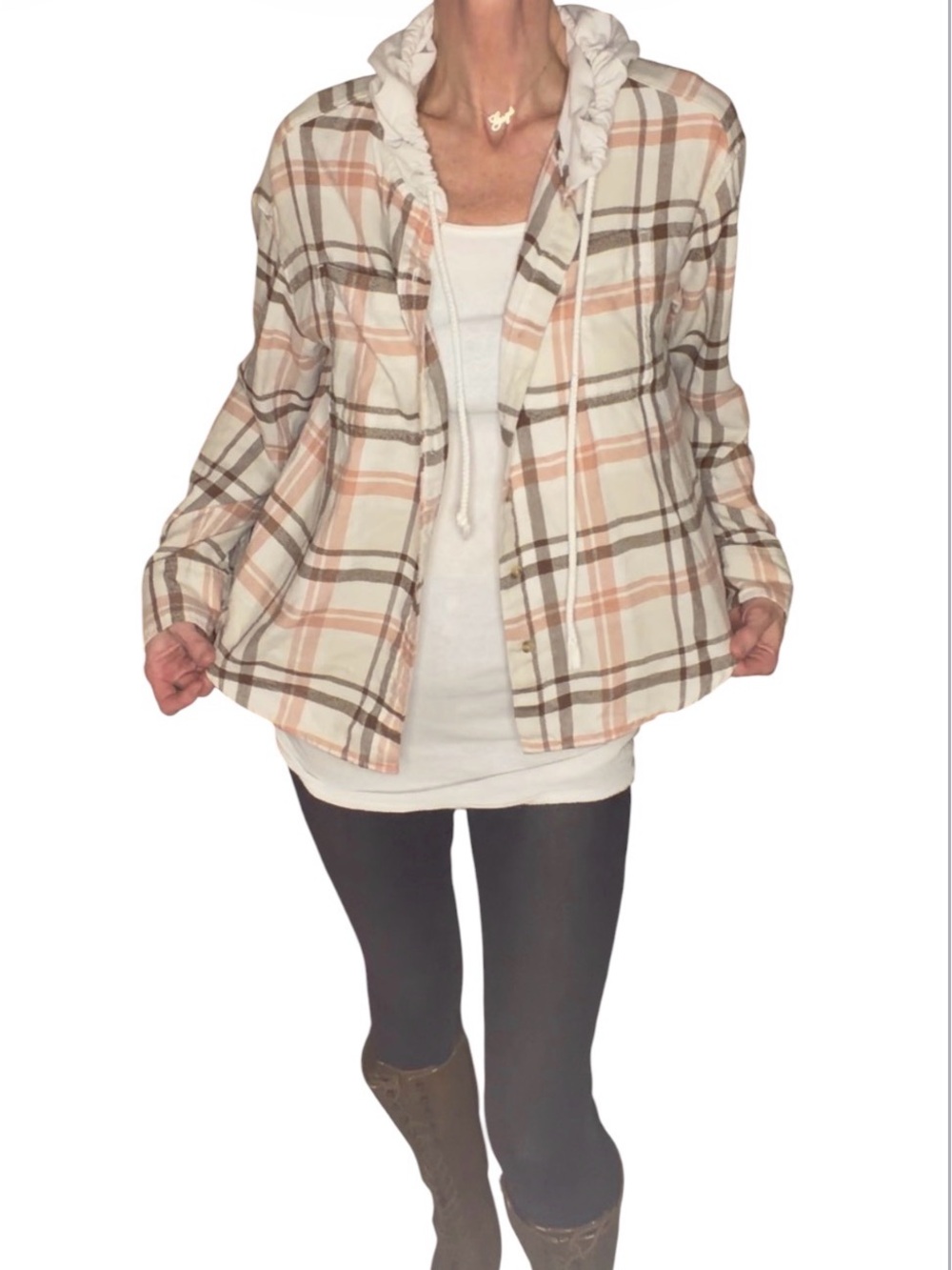 SO Plaid Hooded Button-Down Shirt Jacket - Cream, Tan & Brown